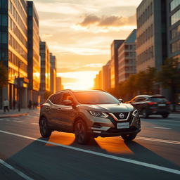 A hyper-realistic depiction of a Nissan Qashqai driving along a city road during the golden hour