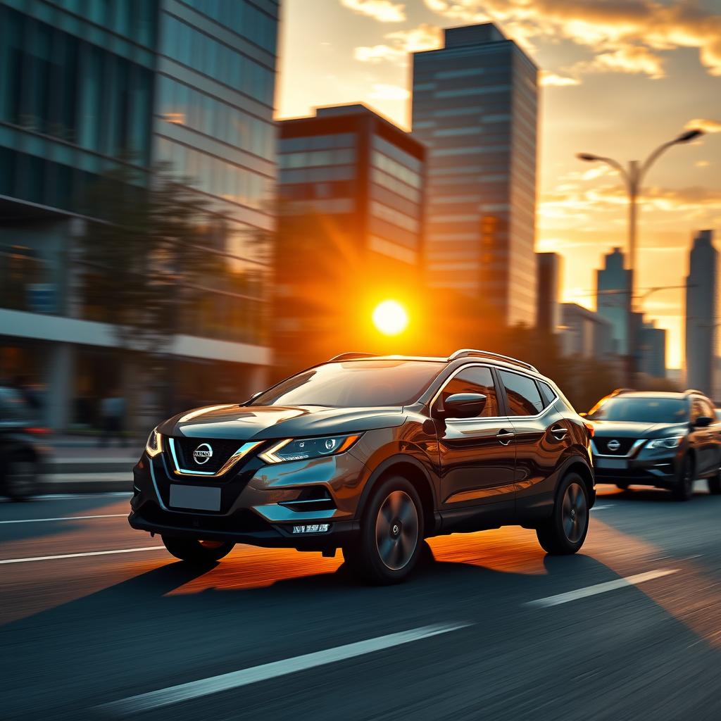 A hyper-realistic depiction of a Nissan Qashqai driving along a city road during the golden hour