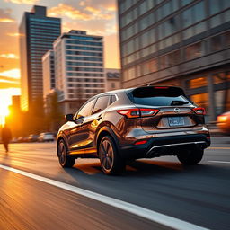 A hyper-realistic depiction of a Nissan Qashqai driving along a city road during the golden hour