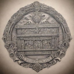 Detailed and intricate Polynesian tattoo design showcasing the Ark of the Covenant and a small cross on top. It should also incorporate the word 'GOD' in Hebrew letters.