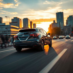 A hyper-realistic depiction of a Nissan Qashqai driving through a city during the golden hour