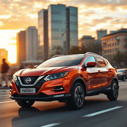 A hyper-realistic depiction of a Nissan Qashqai driving through a city during the golden hour