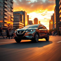 A hyper-realistic depiction of a Nissan Qashqai driving through a city during the golden hour