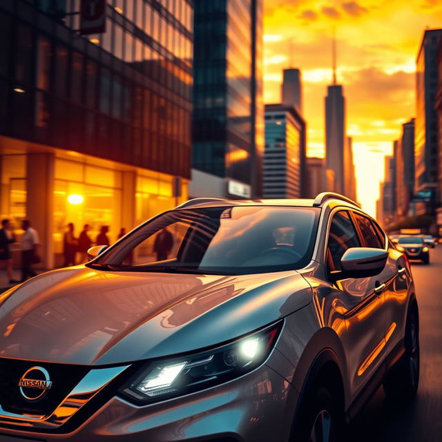 A hyper-realistic depiction of a Nissan Qashqai driving through a city during the golden hour