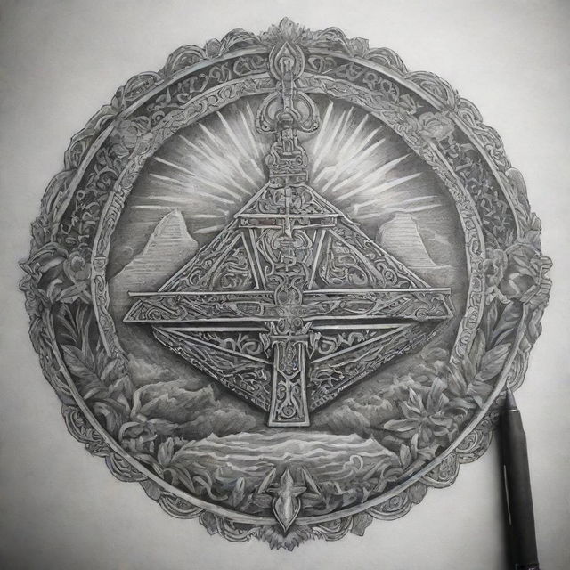 Detailed and intricate Polynesian tattoo design showcasing the Ark of the Covenant and a small cross on top. It should also incorporate the word 'GOD' in Hebrew letters.