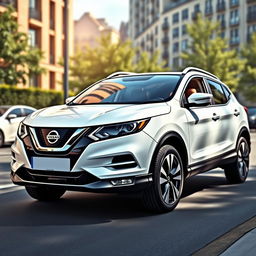 A realistic depiction of a white Nissan Qashqai parked on a city street