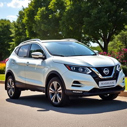 A white Nissan Qashqai parked in a picturesque outdoor setting