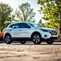 A white Nissan Qashqai parked in a picturesque outdoor setting