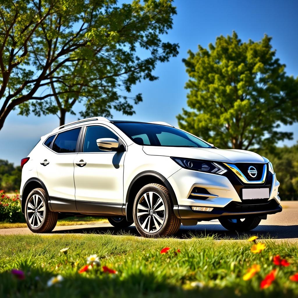 A white Nissan Qashqai parked in a picturesque outdoor setting