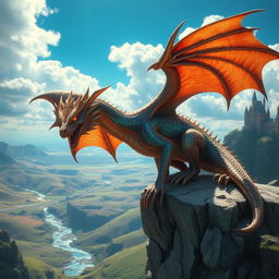 A powerful and majestic dragon perched on a rocky cliff, overlooking a vast fantasy landscape