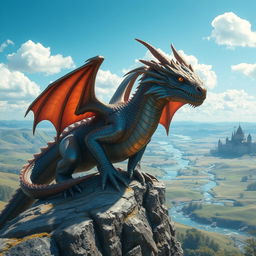 A powerful and majestic dragon perched on a rocky cliff, overlooking a vast fantasy landscape