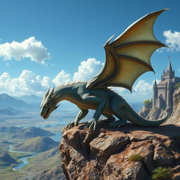 A powerful and majestic dragon perched on a rocky cliff, overlooking a vast fantasy landscape