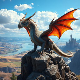 A powerful and majestic dragon perched on a rocky cliff, overlooking a vast fantasy landscape