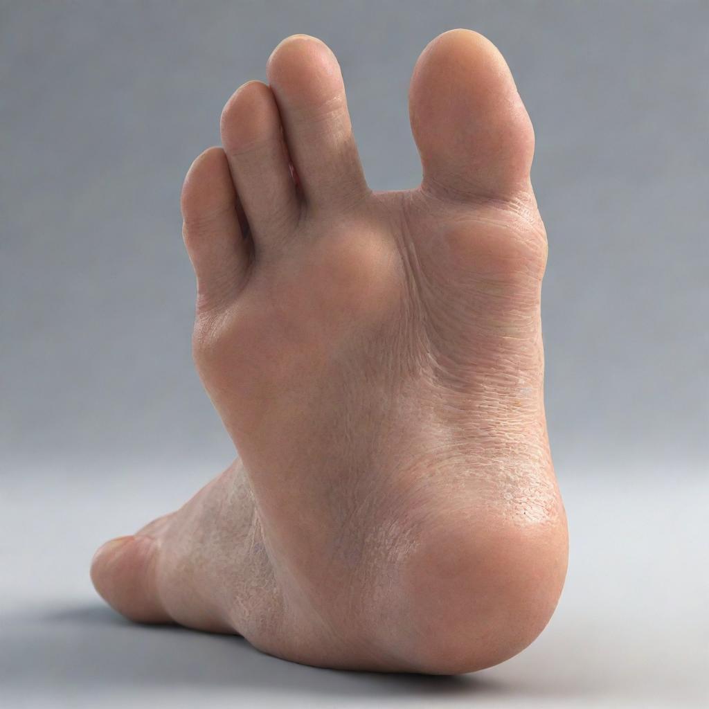 A highly detailed and realistic rendering of a human foot, exhibiting skin texture, the formation of toes, arch shape and heel.