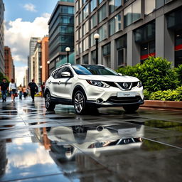 A white Nissan Qashqai parked in a bustling urban environment