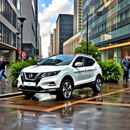 A white Nissan Qashqai parked in a bustling urban environment