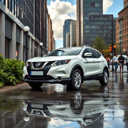 A white Nissan Qashqai parked in a bustling urban environment