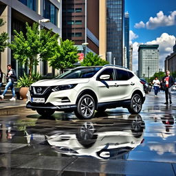 A white Nissan Qashqai parked in a bustling urban environment