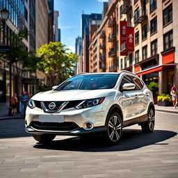 A sleek white Nissan Qashqai parked in a vibrant city setting