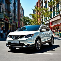 A sleek white Nissan Qashqai parked in a vibrant city setting