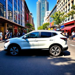 A sleek white Nissan Qashqai parked in a vibrant city setting