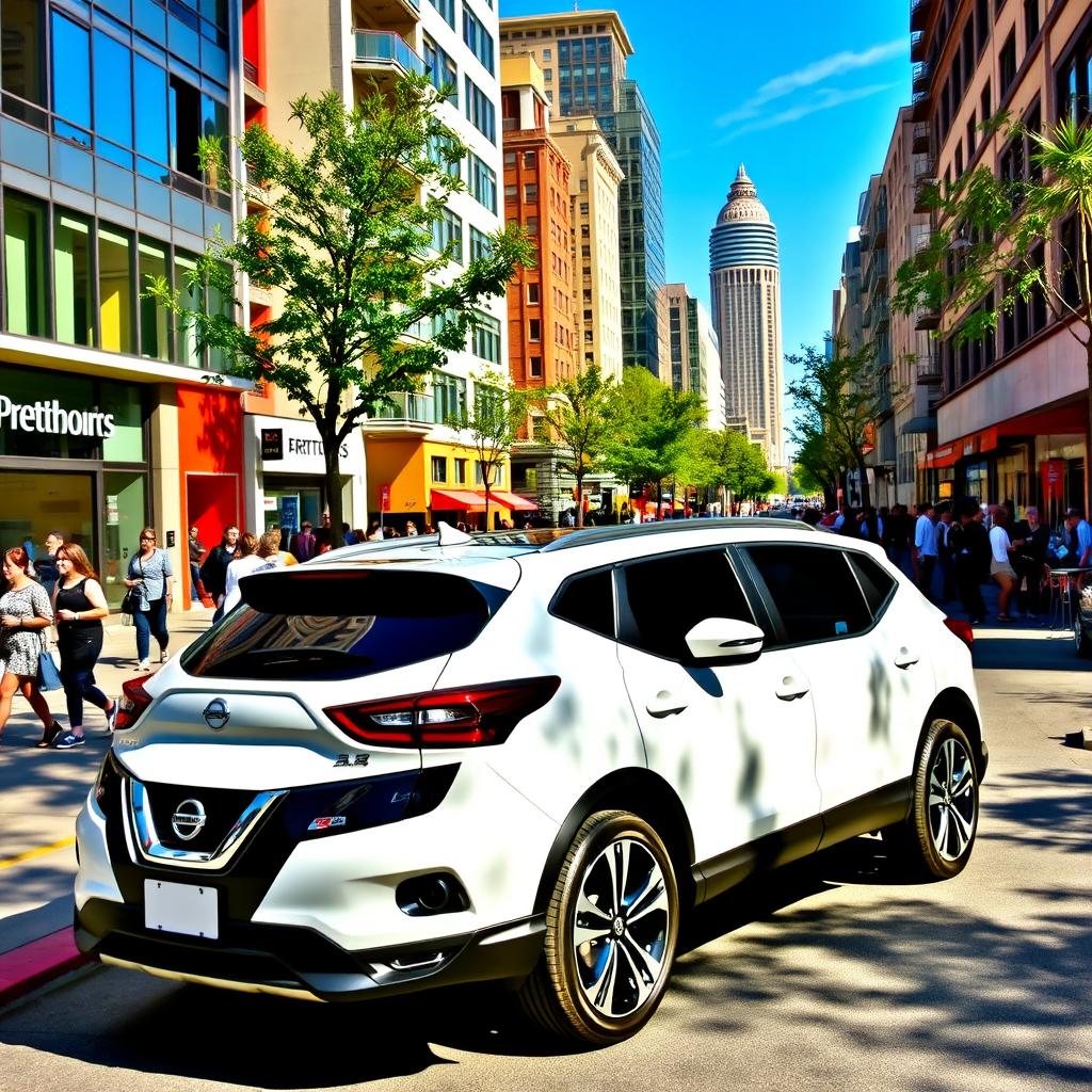 A sleek white Nissan Qashqai parked in a vibrant city setting