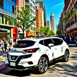 A sleek white Nissan Qashqai parked in a vibrant city setting