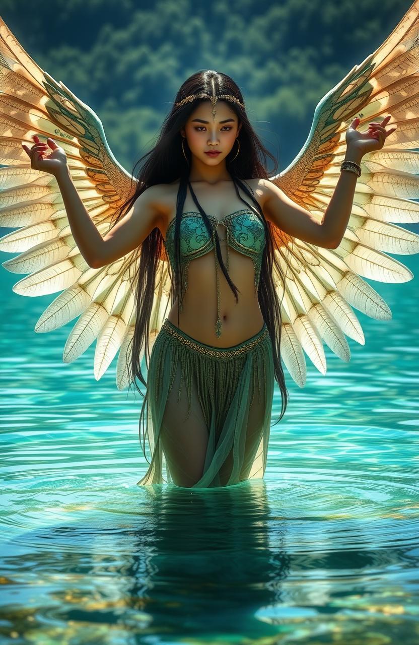 A Nanai girl standing gracefully in the water, her arms transformed into majestic wings