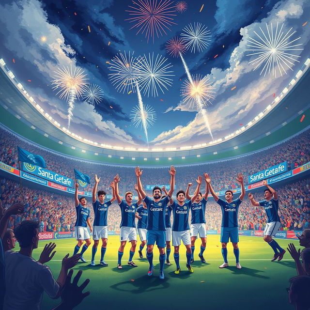 An inspiring illustration depicting the journey of a fictional football team called Santa Getafe, showcasing the excitement and emotion of their rise to success