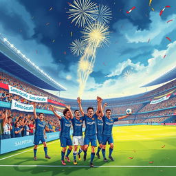 An inspiring illustration depicting the journey of a fictional football team called Santa Getafe, showcasing the excitement and emotion of their rise to success