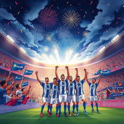 An inspiring illustration depicting the journey of a fictional football team called Santa Getafe, showcasing the excitement and emotion of their rise to success