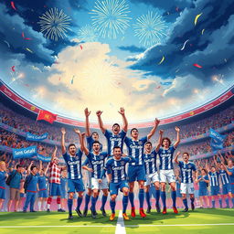 An inspiring illustration depicting the journey of a fictional football team called Santa Getafe, showcasing the excitement and emotion of their rise to success