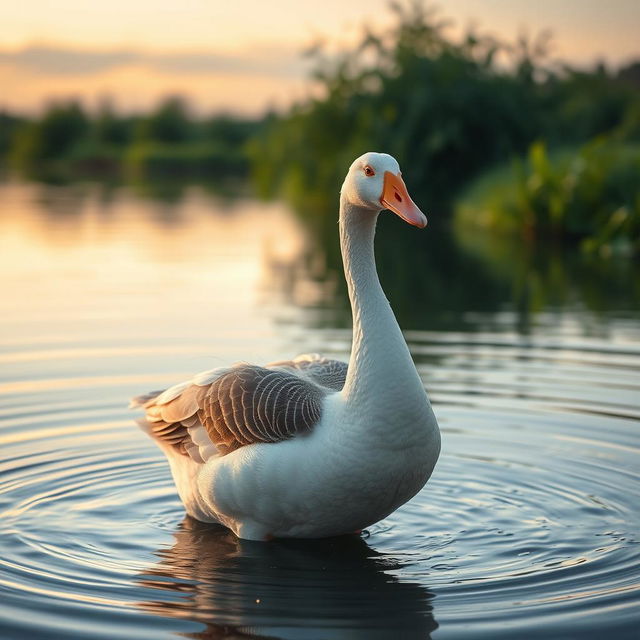 A Nanai girl who has transformed into a graceful goose, standing in clear water