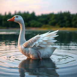 A Nanai girl who has transformed into a graceful goose, standing in clear water