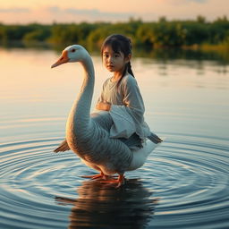 A Nanai girl who has transformed into a graceful goose, standing in clear water