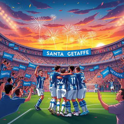 An inspiring and dynamic illustration titled 'Santa Getafe', depicting the journey of a fictional football team named Santa Getafe as they ascend to success