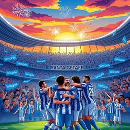 An inspiring and dynamic illustration titled 'Santa Getafe', depicting the journey of a fictional football team named Santa Getafe as they ascend to success