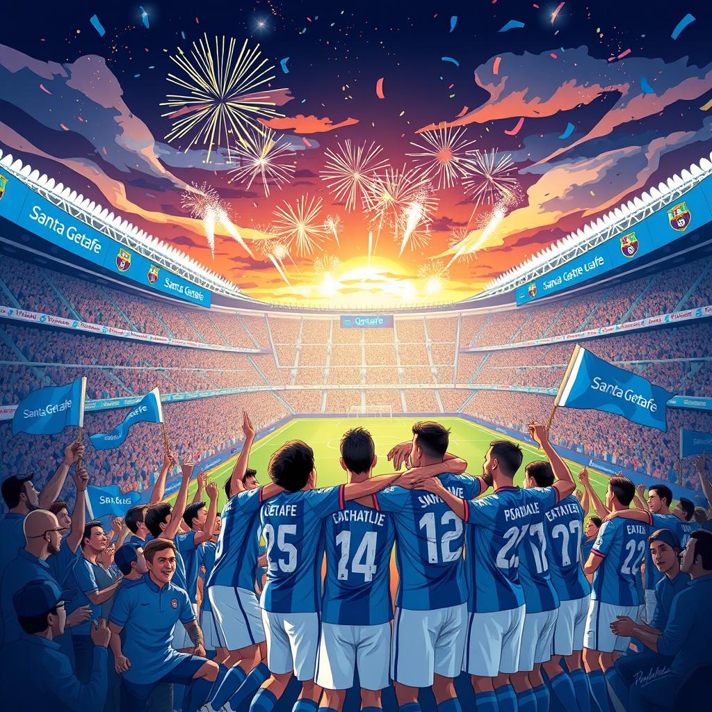 An inspiring and dynamic illustration titled 'Santa Getafe', depicting the journey of a fictional football team named Santa Getafe as they ascend to success