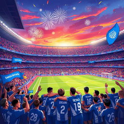 An inspiring and dynamic illustration titled 'Santa Getafe', depicting the journey of a fictional football team named Santa Getafe as they ascend to success