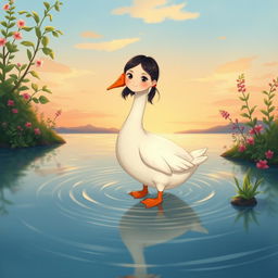 An illustrated artwork depicting a Nanai girl who has transformed into a goose, standing serenely in water