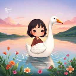 An illustrated artwork depicting a Nanai girl who has transformed into a goose, standing serenely in water