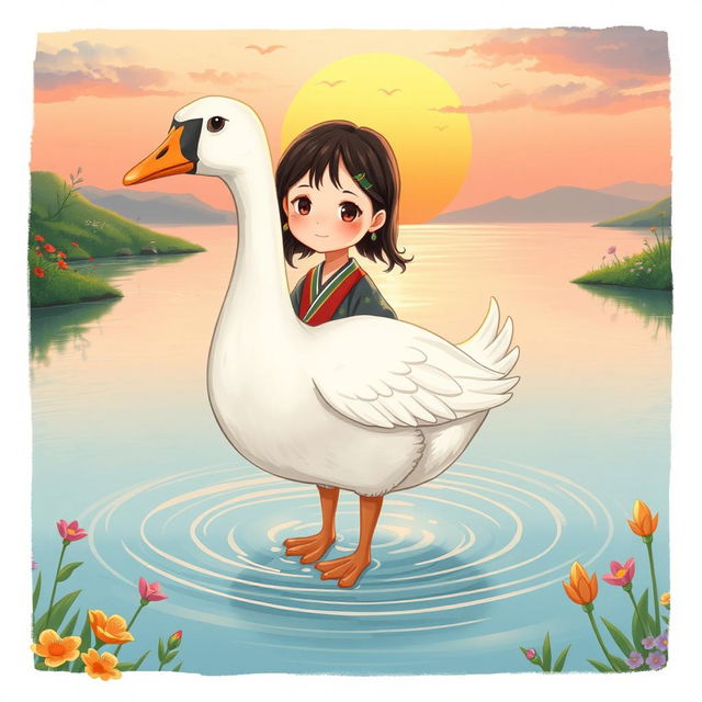 An illustrated artwork depicting a Nanai girl who has transformed into a goose, standing serenely in water