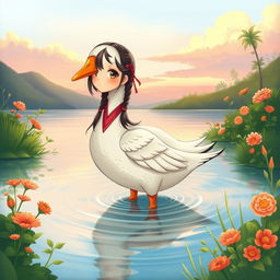 An illustrated artwork depicting a Nanai girl who has transformed into a goose, standing serenely in water