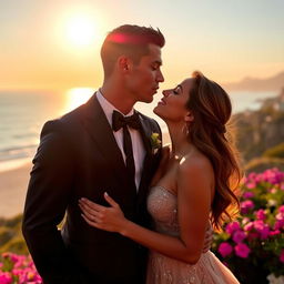 A romantic moment between Cristiano Ronaldo and Antonella Roccuzzo, captured under a beautiful sunset, with a warm glow surrounding them