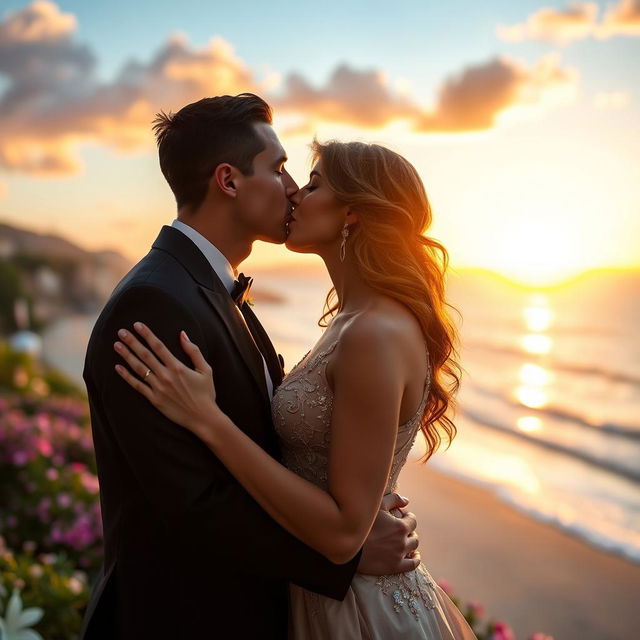 A romantic moment between Cristiano Ronaldo and Antonella Roccuzzo, captured under a beautiful sunset, with a warm glow surrounding them