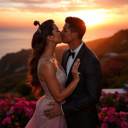 A romantic moment between Cristiano Ronaldo and Antonella Roccuzzo, captured under a beautiful sunset, with a warm glow surrounding them