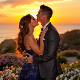 A romantic moment between Cristiano Ronaldo and Antonella Roccuzzo, captured under a beautiful sunset, with a warm glow surrounding them