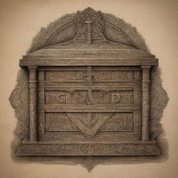 A highly detailed Ark of the Covenant with a small cross on top. Also visible is the word 'God' in Hebrew script, accompanied by an all-seeing eye rendered in intricate Polynesian tattoo design.