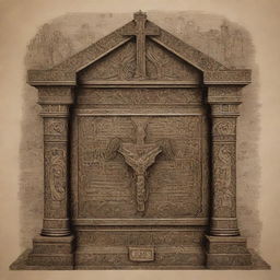 A highly detailed Ark of the Covenant with a small cross on top. Also visible is the word 'God' in Hebrew script, accompanied by an all-seeing eye rendered in intricate Polynesian tattoo design.