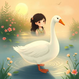 An illustration of a Nanai girl who has transformed into a beautiful goose, standing gracefully in water